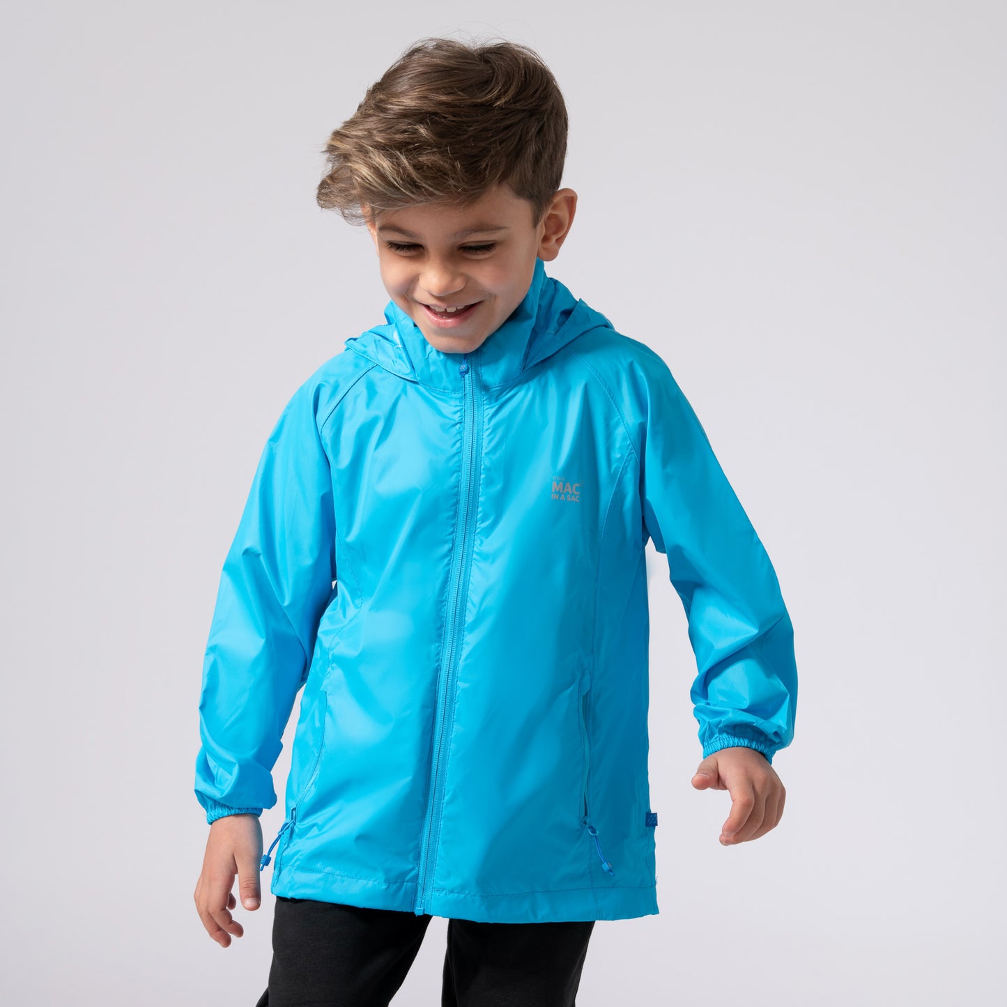 Origin Mini Packable Waterproof Kids Jacket - Neon Blue Tonal Zip