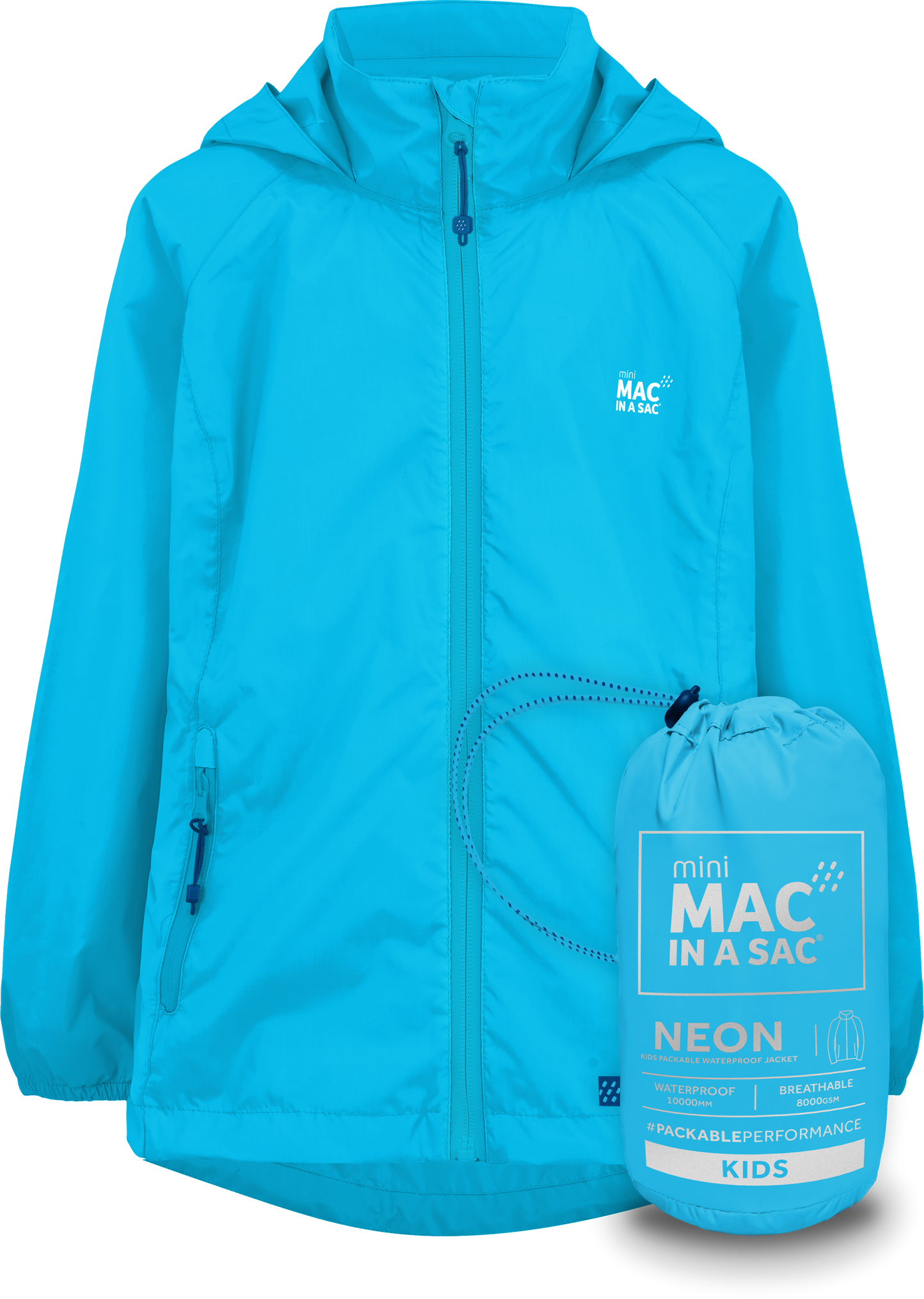 Origin Mini Packable Waterproof Kids Jacket - Neon Blue Tonal Zip