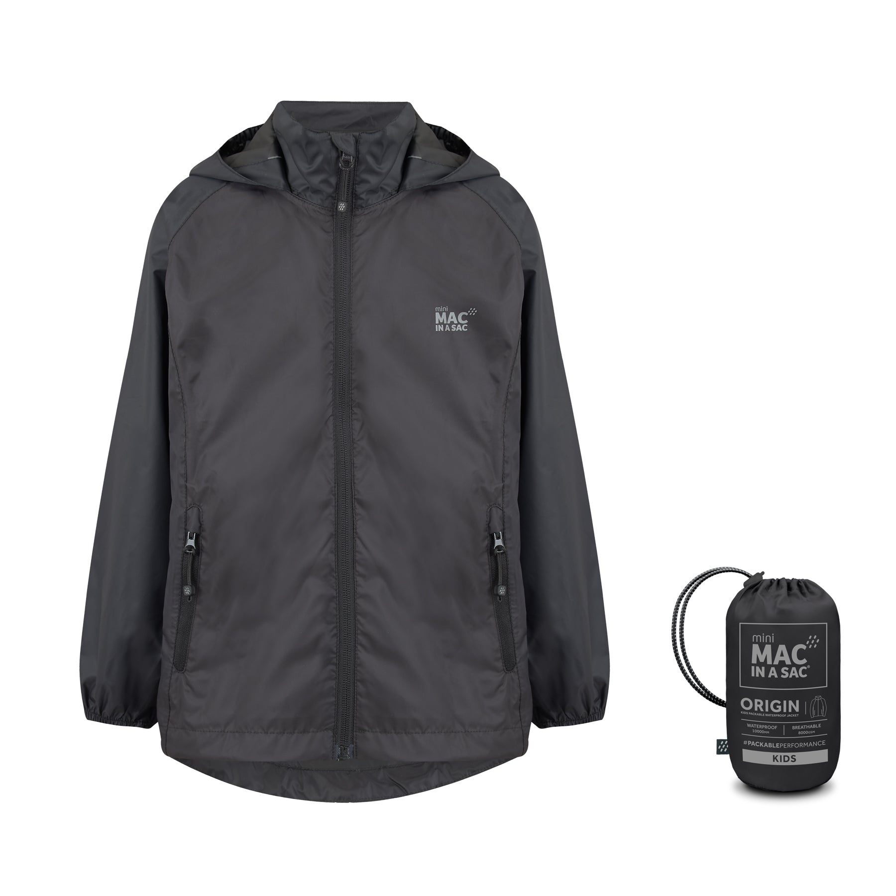 Origin Mini Packable Waterproof Kids Jacket - Black
